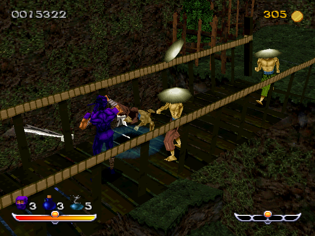 Ninja: Shadow of Darkness (PlayStation) screenshot: Fighting on a bridge.
