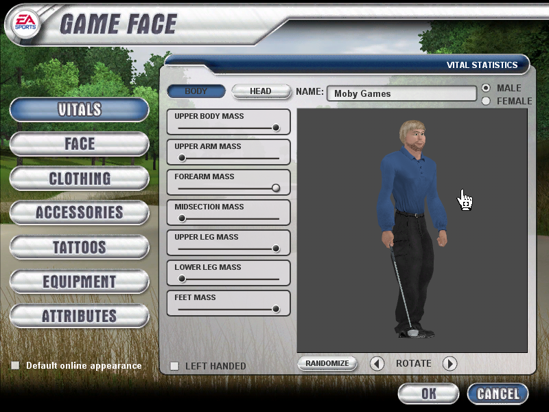 Tiger Woods PGA Tour 2004 (Windows) screenshot: Creating a golfer. Here's where you goof around with his body. I'm making a Popeye type.