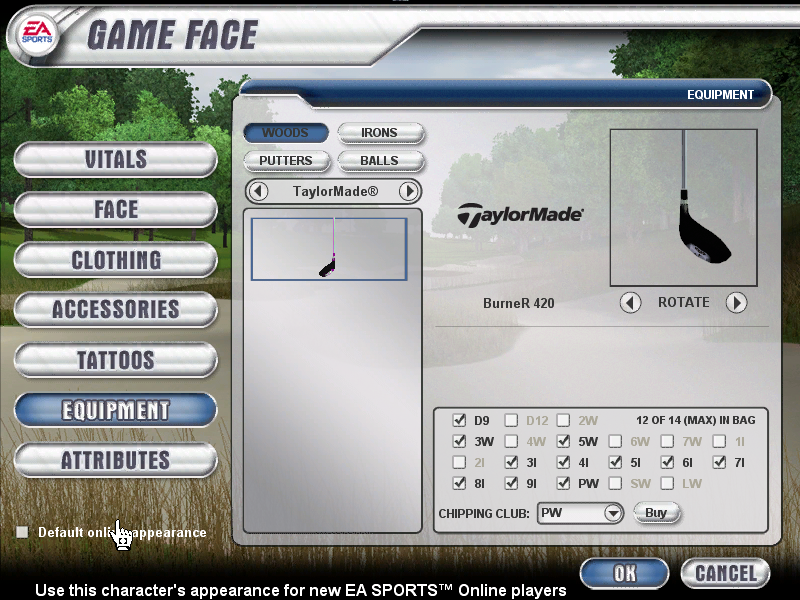 Tiger Woods PGA Tour 2004 (Windows) screenshot: You can even buy all your clubs and balls here.