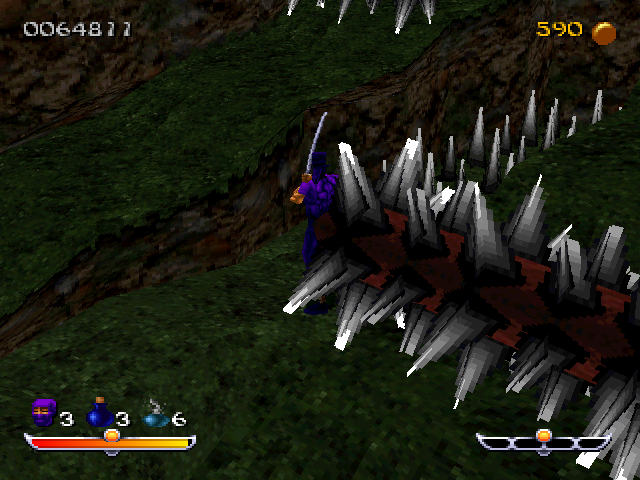 Ninja: Shadow of Darkness (PlayStation) screenshot: Rolling spiky logs.