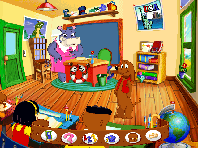 JumpStart 1st Grade (Windows) screenshot: Homeroom! Frankie's collar at the bottom of the screen shows the options