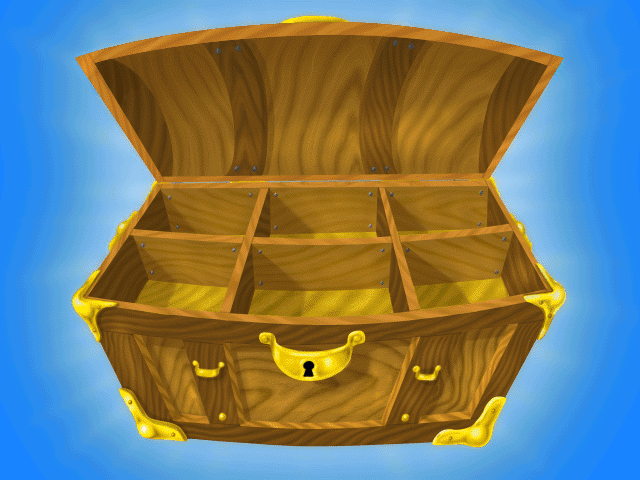 JumpStart 1st Grade (Windows) screenshot: This is the sadly empty treasure chest for Frankie to fill