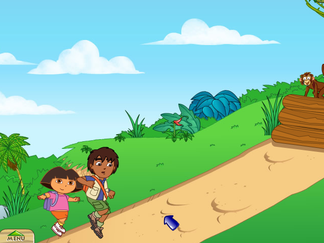 Go, Diego, Go! Wolf Pup Rescue (Windows) screenshot: Diego and Dora jump over an invisible log!