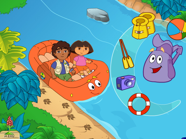 Go, Diego, Go! Wolf Pup Rescue (Windows) screenshot: Sorting out the items that belong with Diego and Dora in the raft