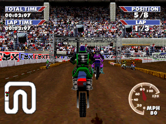 Championship Motocross Featuring Ricky Carmichael (PlayStation) screenshot: Jumping.