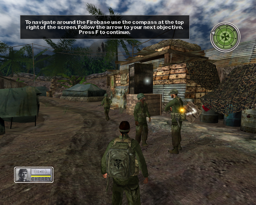 Conflict: Vietnam (Windows) screenshot: You can talk to any soldier you like. Most will be annoyed at you for interrupting their conversations but this part of the game really feels like a role playing game. If only it was all like this.