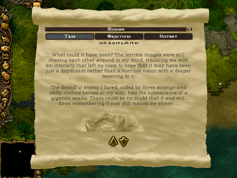 Cultures 2: The Gates of Asgard (Windows) screenshot: The story so far, and your objectives.
