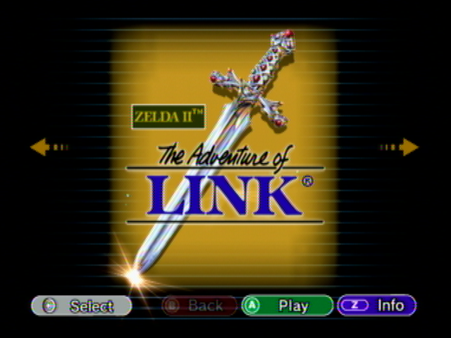 The Legend of Zelda: Collector's Edition (GameCube) screenshot: The Adventure of Link selection screen. (Ooo sword sparkles!)