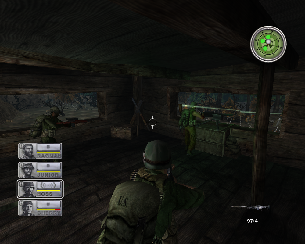 Conflict: Vietnam (Windows) screenshot: Your first mission as a squad. Holding the fort as bullets whiz by your heads.