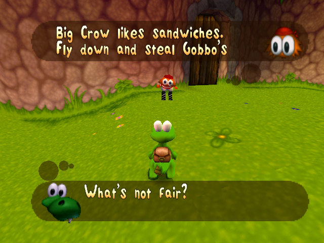 Croc 2 (Windows) screenshot: Croc has to retrieve a sandwich? A crow-chewed sandwich?