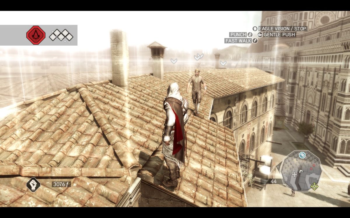 Assassin's Creed II (Windows) screenshot: You can hire guys, girls, monks and such to follow you around, providing a group you can hide in anytime. Luckily, they can also climb onto buildings