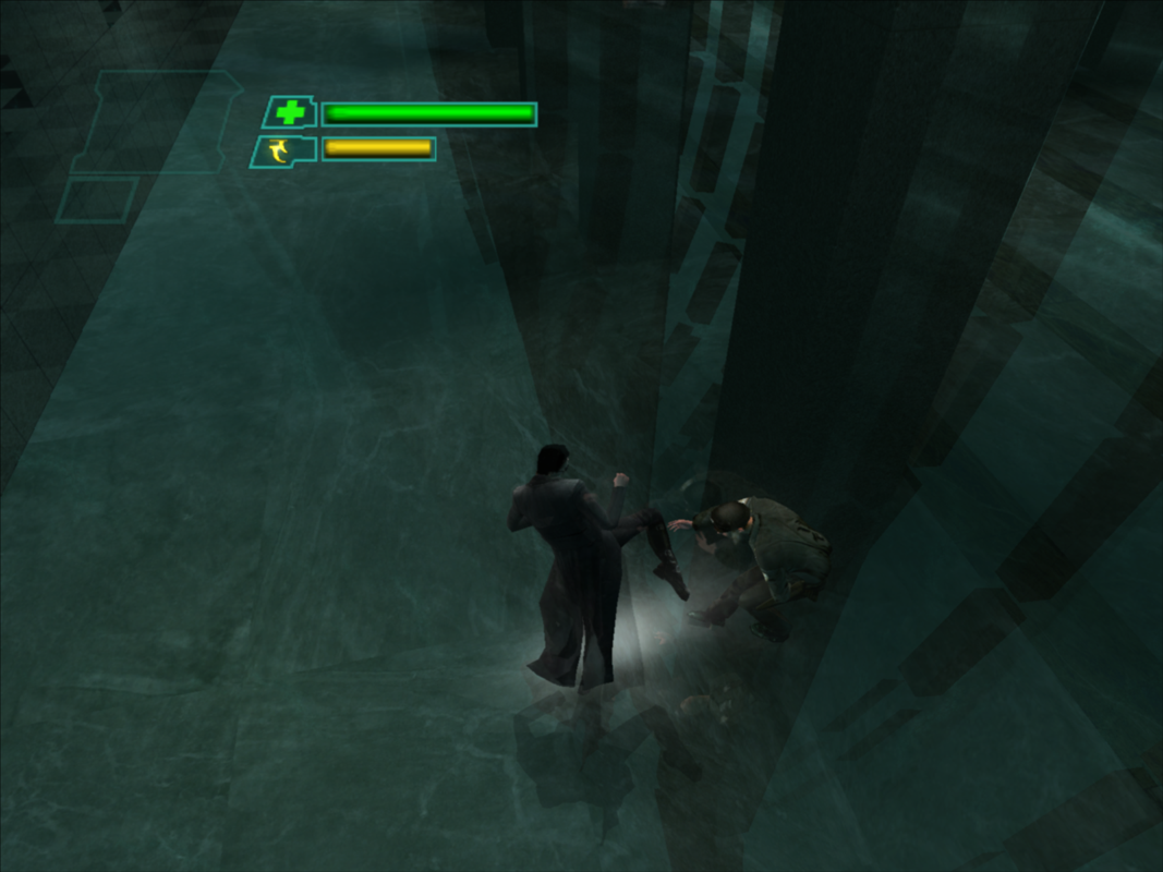 The Matrix: Path of Neo (Windows) screenshot: Kicking a cop into a column.