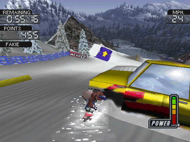 Cool Boarders 3 (PlayStation) screenshot: Smahed against a car.