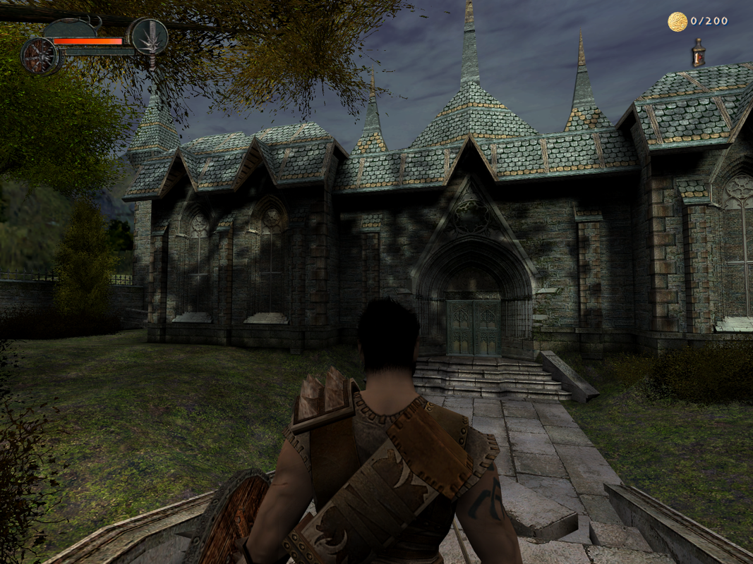 Enclave (Windows) screenshot: You must go inside the abandoned monastery.