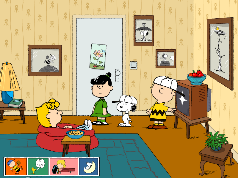 Peanuts: It's the Big Game, Charlie Brown! (Windows) screenshot: Charlie Brown has to shut off the television to get Sally's attention