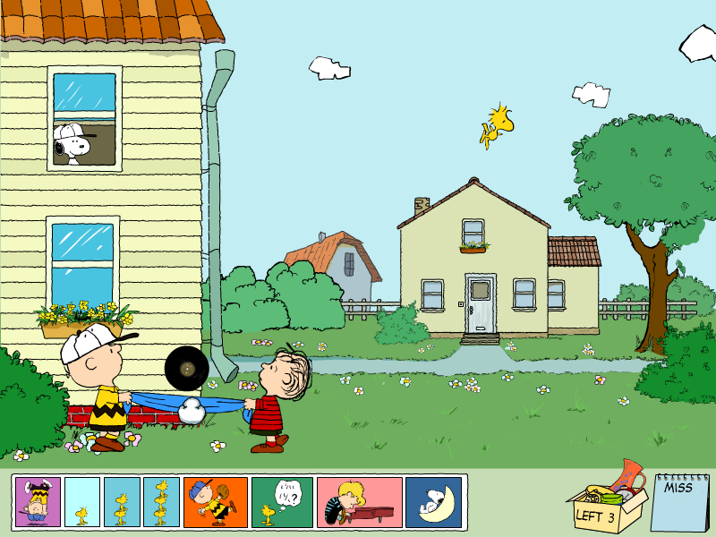 Peanuts: It's the Big Game, Charlie Brown! (Windows) screenshot: ...Snoopy is throwing stuff out of Linus' window to catch in Linus' blanket. I see vinyl!