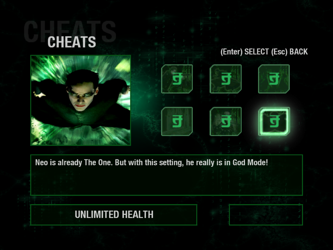 The Matrix: Path of Neo (Windows) screenshot: Here are the cheats you can unlock. The good thing is that it shows you all you can do.