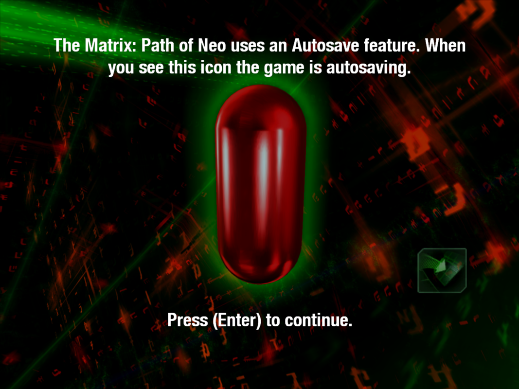 The Matrix: Path of Neo (Windows) screenshot: The autosave is symbolized with the Red Pill.