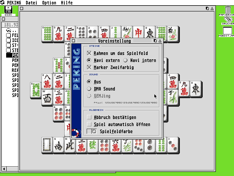 Peking 3.0 (Atari ST) screenshot: Game settings