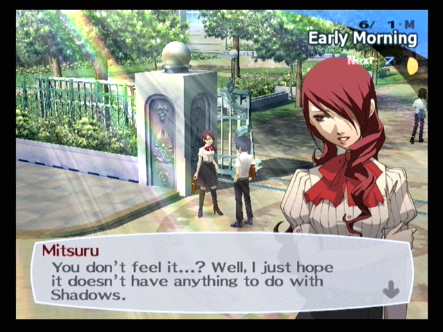 Shin Megami Tensei: Persona 3 (PlayStation 2) screenshot: Talking with Mitsuru before the schoolday begins