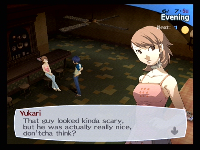 Shin Megami Tensei: Persona 3 (PlayStation 2) screenshot: Talking with Yukari in the dorm