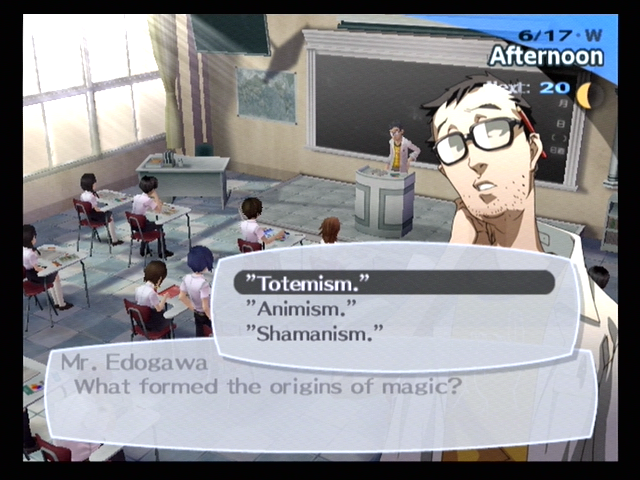 Shin Megami Tensei: Persona 3 (PlayStation 2) screenshot: Pay attention in class, the teacher may call on you to answer a question!