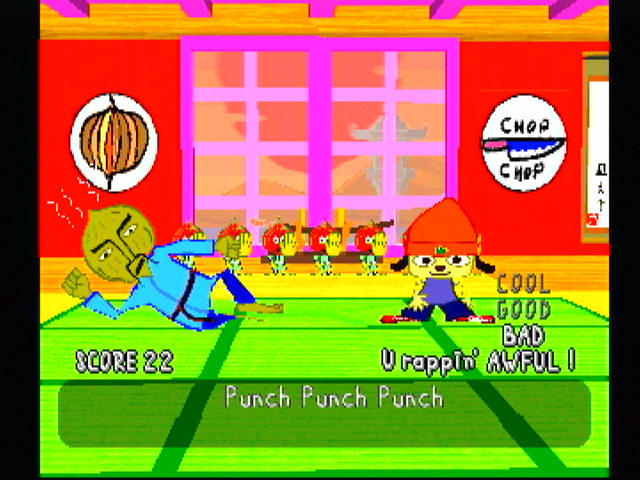 PaRappa the Rapper (PlayStation) screenshot: The rap here is simple... although the master doesn't like my performance.
