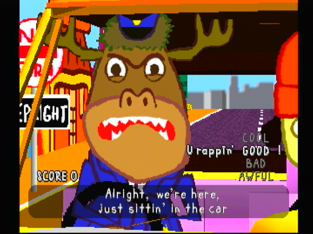 PaRappa the Rapper (PlayStation) screenshot: Mooselini is going to teach you to drive...