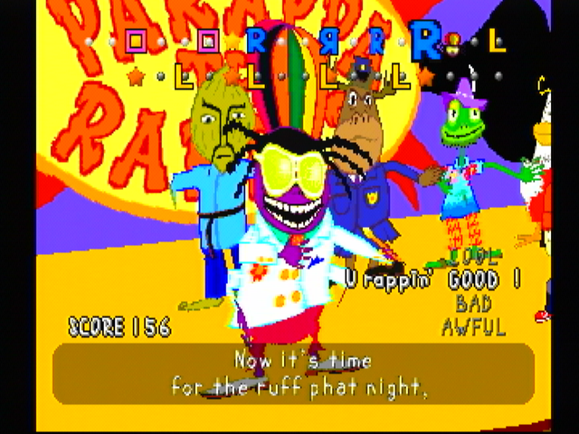 PaRappa the Rapper (PlayStation) screenshot: The MC King keeps rapping with aplomb.