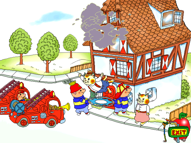 Richard Scarry's Busytown (Windows) screenshot: Saving Father Cat as he leaps from his burning house.