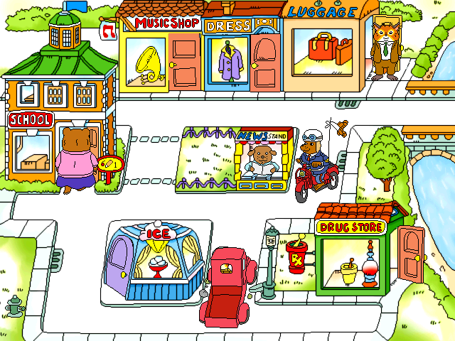 Richard Scarry's Busytown (Windows) screenshot: Running over a garbage can (It was in the street, Officer!) immediately brings a policeman to the scene with a warning.