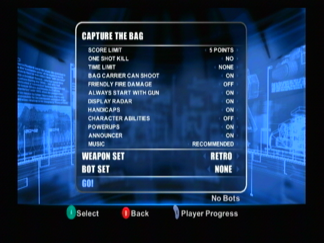 TimeSplitters: Future Perfect (GameCube) screenshot: Setting up a "Capture the Bag" game.