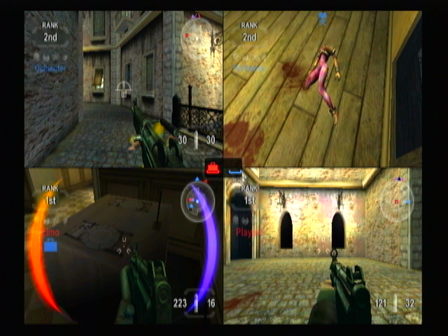 TimeSplitters: Future Perfect (GameCube) screenshot: The blue bag symbol shows if you have the bag.
