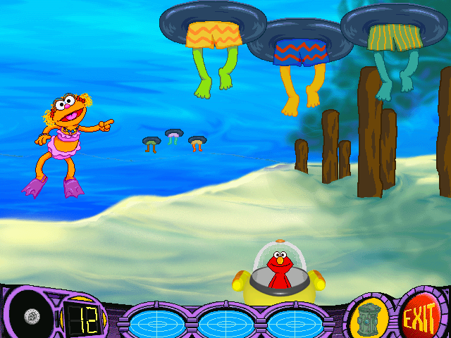 Elmo's Deep Sea Adventure (Windows) screenshot: Zoe isn't sure which swimmer's time is up, but she can tell by the sounds thay make...
