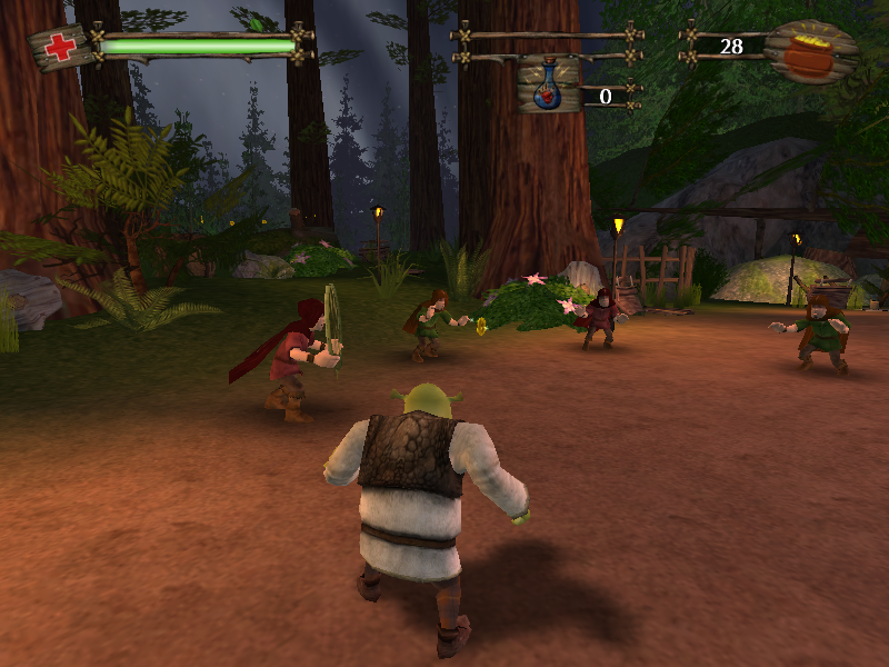 Shrek 2 (Windows) screenshot: Shrek faces off against some wheel-stealing bandits.