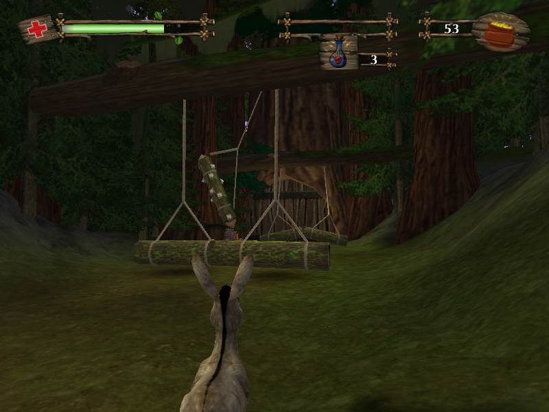 Shrek 2 (Windows) screenshot: These swinging logs can smash Donkey into a pile of fur.