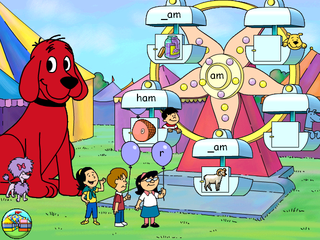Clifford the Big Red Dog: Phonics (Windows) screenshot: Match each balloon-holding child to an unfinished word to get this ferris wheel rolling