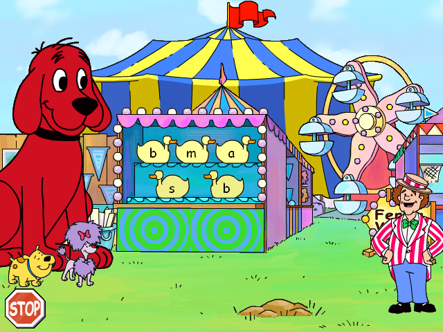Clifford the Big Red Dog: Phonics (Windows) screenshot: Click on the ducks until they are all the same, thus getting "all the ducks in a row"