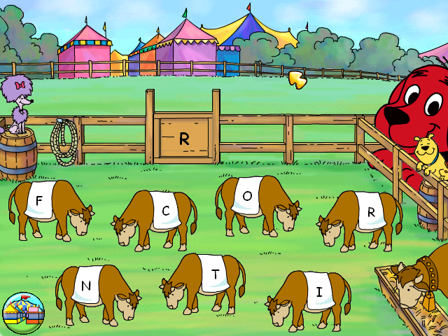 Clifford the Big Red Dog: Phonics (Windows) screenshot: Round up the cows letter by letter