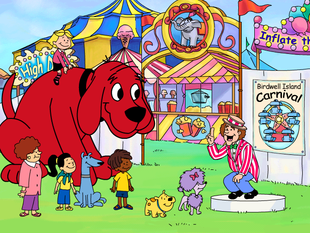 Clifford the Big Red Dog: Phonics (Windows) screenshot: Receiving instruction from carnival owner Phineas T. Wordsworth