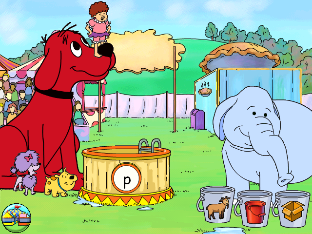 Clifford the Big Red Dog: Phonics (Windows) screenshot: Find water for the pool in the bucket with the "p" starting letter