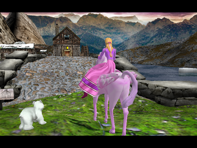 Barbie and the Magic of Pegasus (Windows) screenshot: Pausing to admire the mountainous view and a strange little mill
