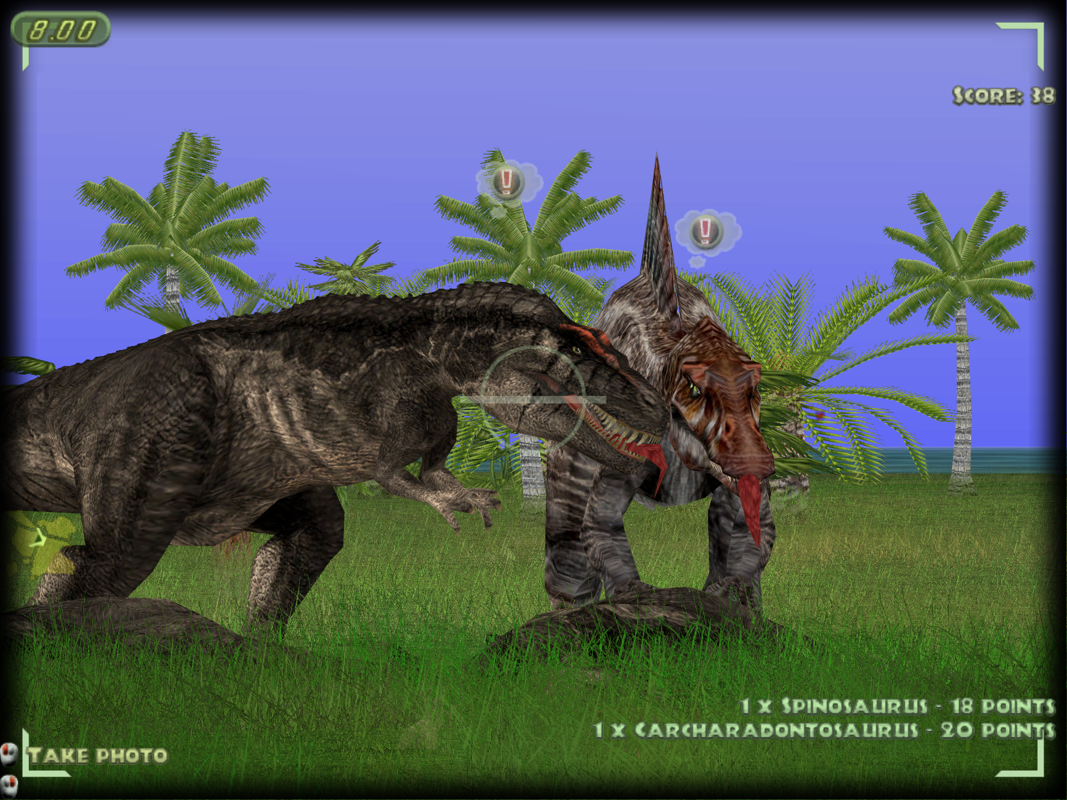 Jurassic Park: Operation Genesis (Windows) screenshot: A carcharadontosaurus and a spinosaurus enjoy an afternoon snack.