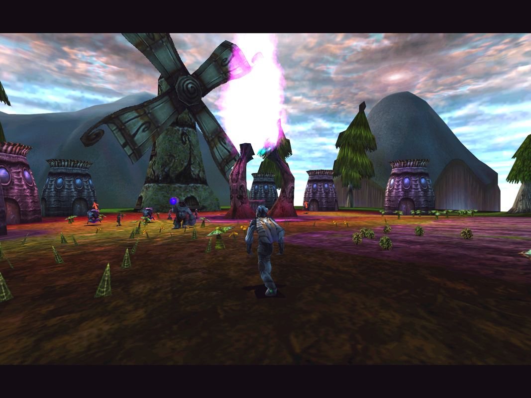 Sacrifice (Windows) screenshot: An in-game confrontation preludes a fight scene at a farm.