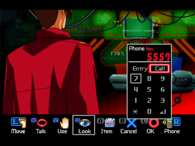 Virus (SEGA Saturn) screenshot: Your phone will be indispensable in many cases.
