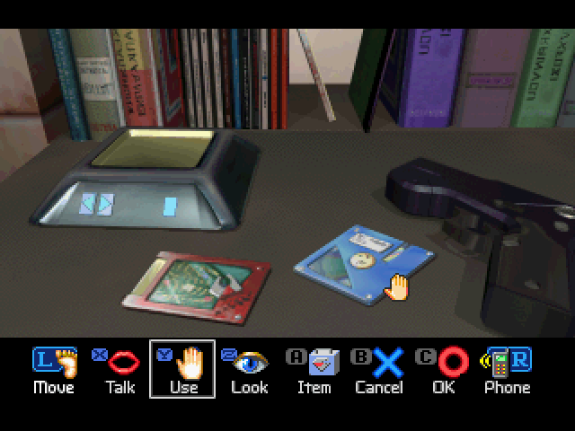 Virus (SEGA Saturn) screenshot: Selecting the hand icon to grab an item.