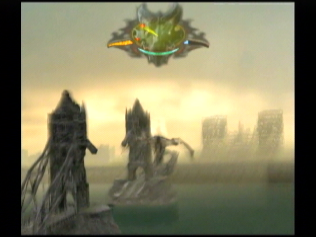 Reign of Fire (GameCube) screenshot: Playing as a dragon, soaring over what is left of London.