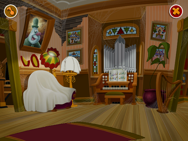 Disney Learning Adventure: Search for the Secret Keys (Windows) screenshot: The parlor, spiderwebs and all, welcome!