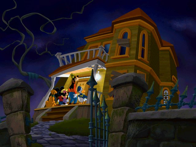 Disney Learning Adventure: Search for the Secret Keys (Windows) screenshot: Thunder and lightning and spooky houses seem to go together