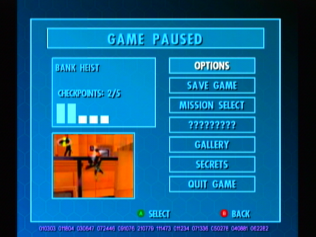 The Incredibles (GameCube) screenshot: The pause menu plays a movie of your current objective.